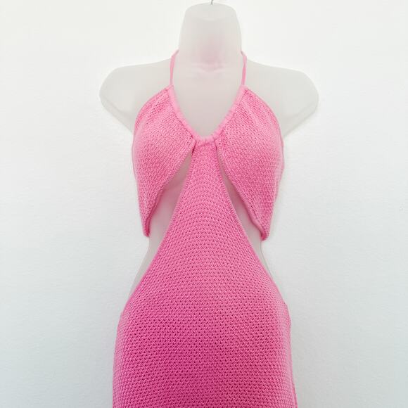 Victor Glemaud‎ Crochet Knit Cutout Halter Dress Pink Size L Y2K Resort Coquette - Picture 6 of 10